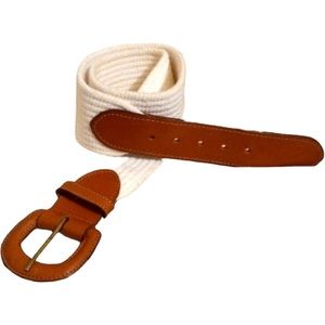 LANDS END White Woven Cotton and Brown Leather Ladies Belt EUC